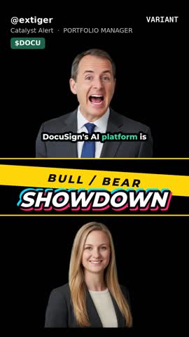 Bull and bear presenters stacked on a black field either side of a divider.